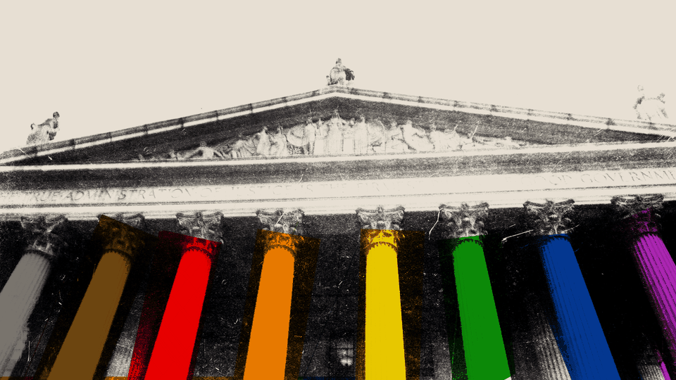 An illustration of the Supreme Court with rainbow colored columns.