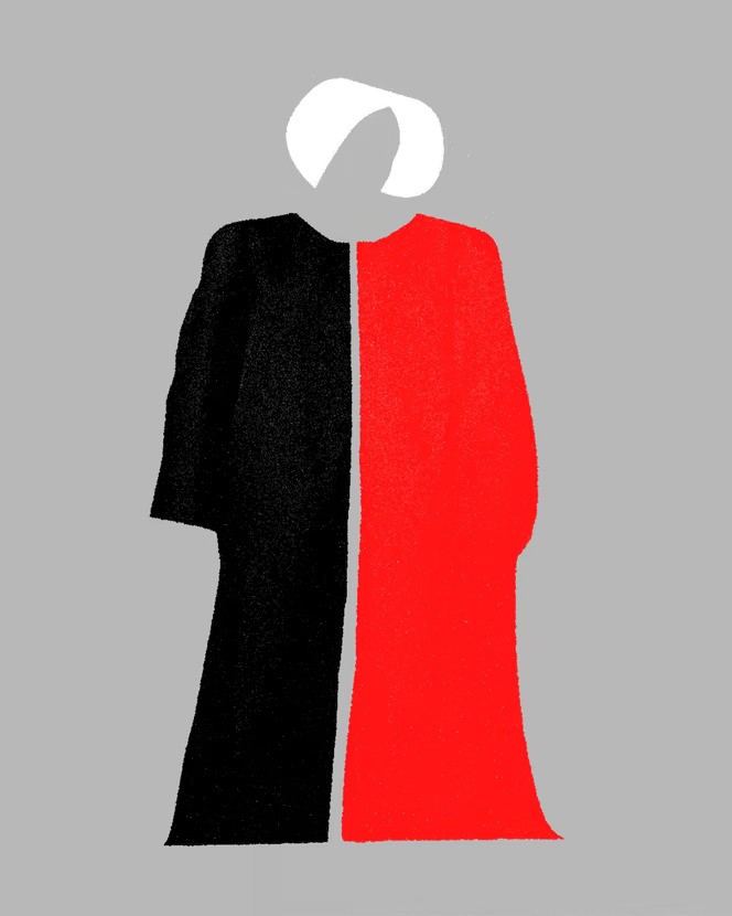 An illustration of a handmaid's silhouette against a gray background