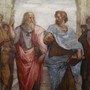 A photograph of a Raphael fresco featuring the philosophers Plato and Aristotle