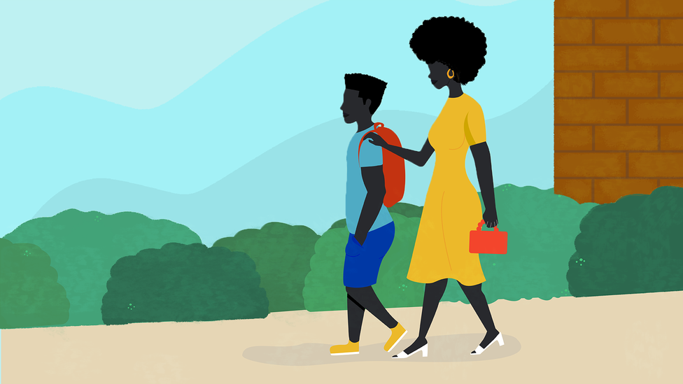 An illustration of a black mother walking her son to school.