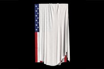 An illustration of the American flag with a white shroud draped over it