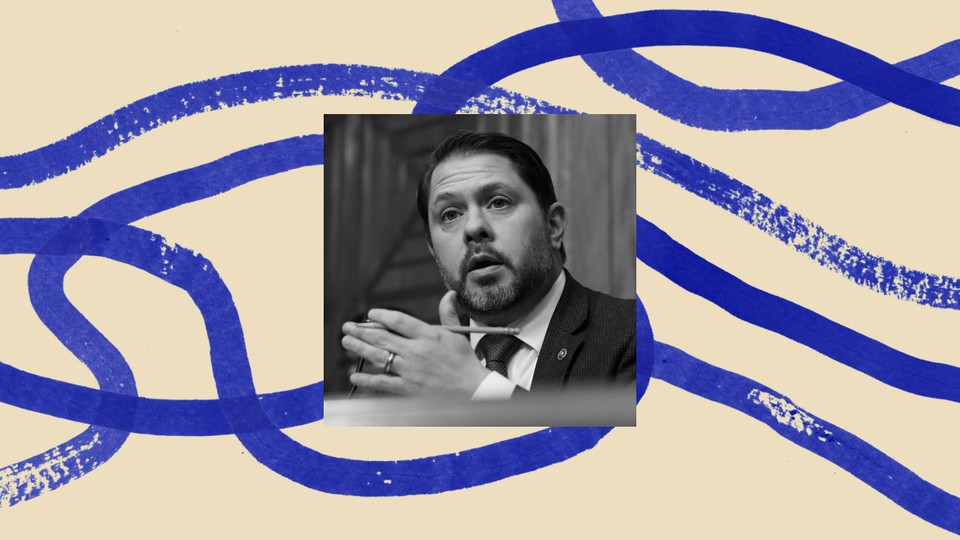 A headshot of Arizona Senator Ruben Gallego, offset by a blue and beige illustration