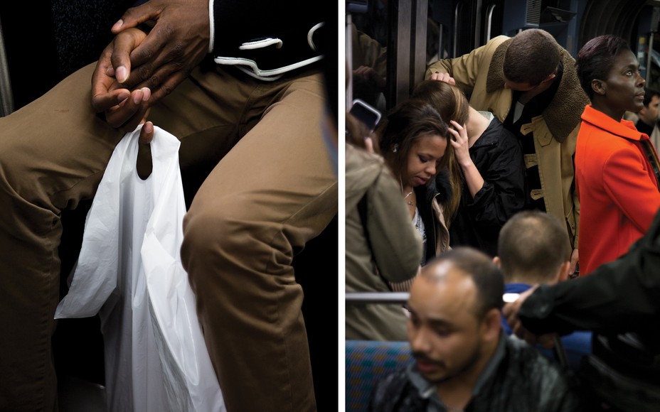 Camille Picquot left photo: hands holding bag; right photo: crowded subway car