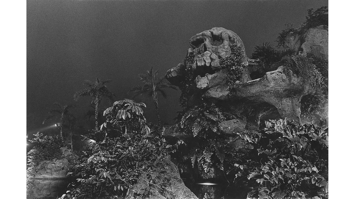 black-and-white photo of plant-covered hillside with skull-shaped concrete formation