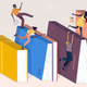 An illustration of students climbing on large textbooks.