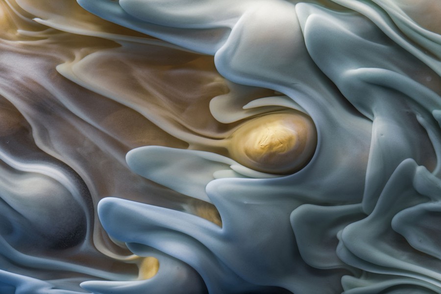 A close view of a seed surrounded by smooth flows of resin, looking like abstract art