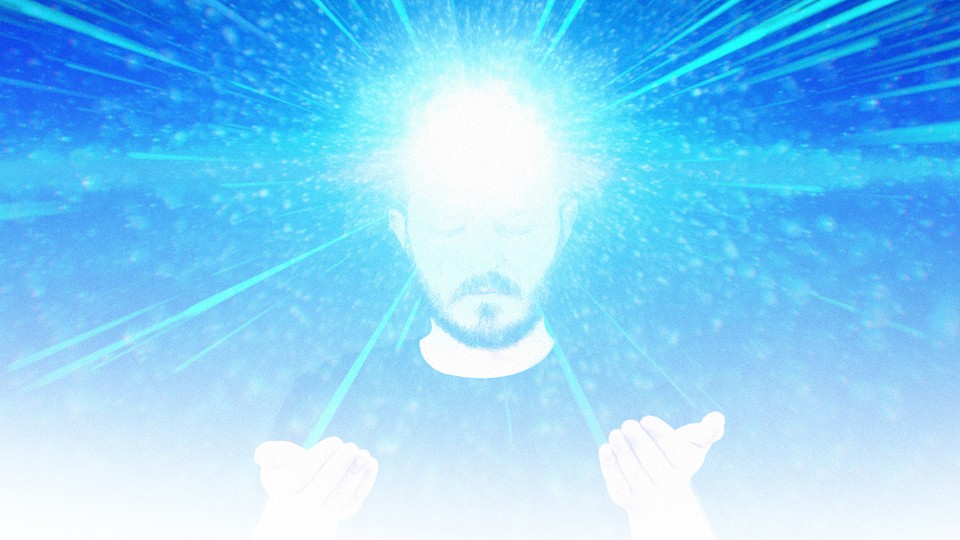 A bearded man in a dark T-shirt, holding up his hands, with blue energy shooting out of his head