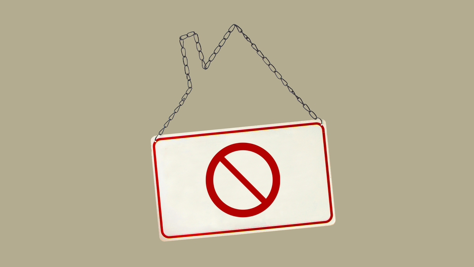 Illustration showing a no-entry sign hanging from a chain with the shape of house roof