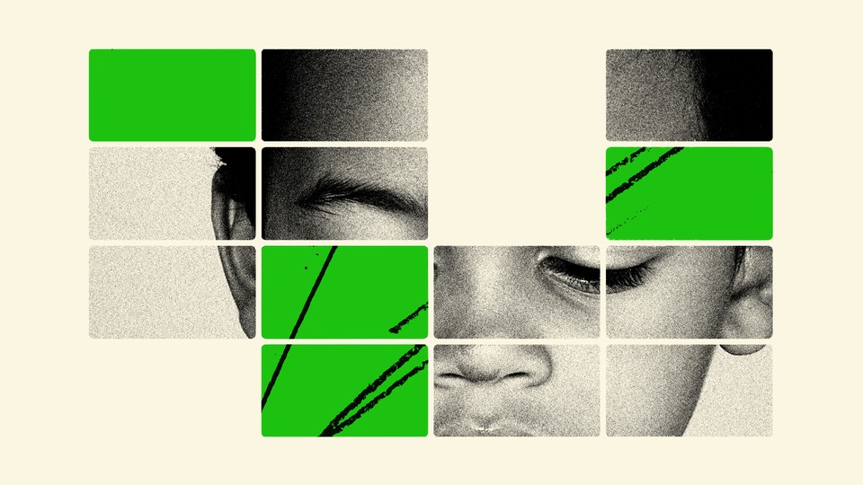 Illustration of a child's face covered in occasional squares of green