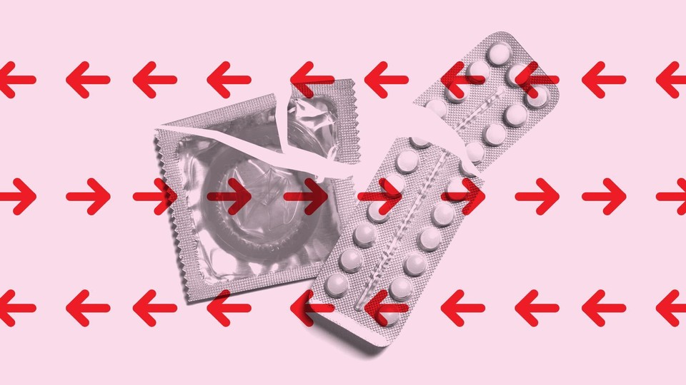 A picture of a ripped condom and birth control package set against a pink background.