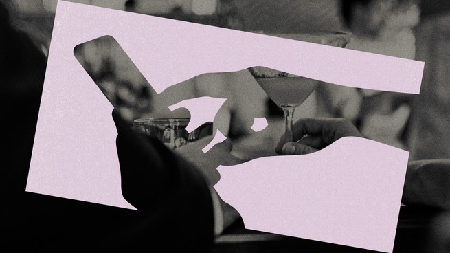 Hand typing on cell phone, images of drinks within.