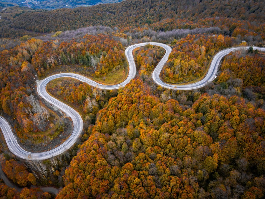 An aerial view of a winding road on forested mountainside