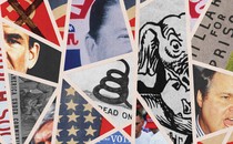 illustration collage including fragmented images of an elephant, the U.S. flag, Nixon, Reagan, Rush Limbaugh, and parts of John Birch Society, Don't Tread On Me, and Hillary for Prison