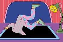 An illustration of a person falling headfirst into a smartphone's screen while a desk lamp with a frowny face watches