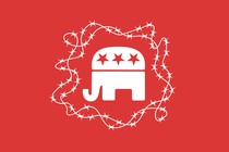 Illustration of the Republican Party elephant surrounded by barbed wire.