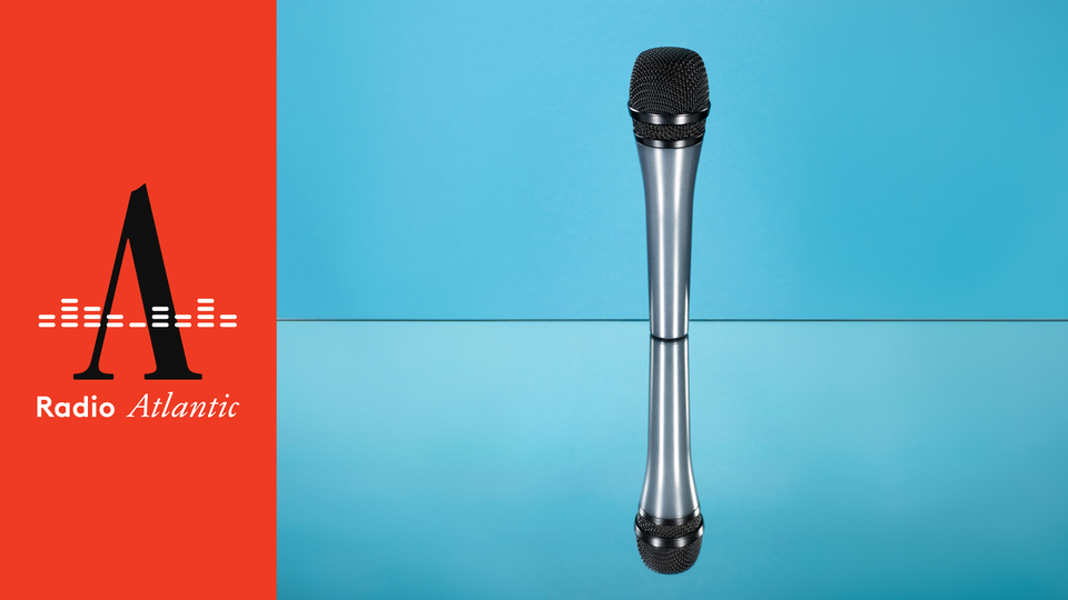 Photo of mirrored microphone against blue background, next to the "Radio Atlantic" logo