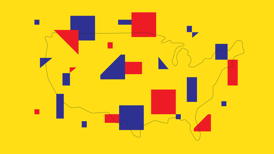 Red and blue geometrical shapes spread out over a yellow map of the United States.