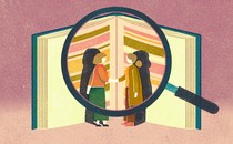 Illustration of two women shaking hands in front of an upright book. They are framed by a large magnifying glass.