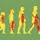 An illustration of the classic ape-to-human evolutionary transition, with cockroaches inlaid into the figures; the evolving figures are a muted yellow, the roaches are a deep red, and they're surrounded by a sage green