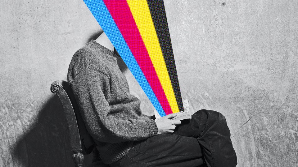 Illustration of seated person reading with a burst of a four-color spectrum coming out of the open book on their lap.
