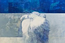 A painting of two people embracing, on a background of shades of blue