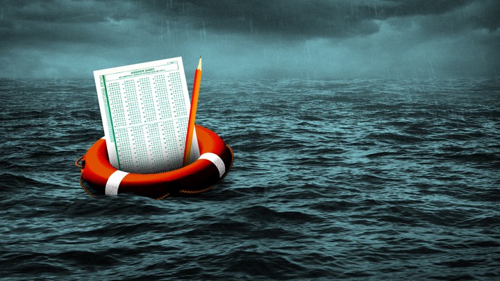 An illustration of a lifesaver with a standardized-test answer sheet and pencil afloat