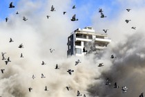 Pigeons fly away after an Israeli rocket hits a building in Beirut