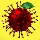 A closeup of the coronavirus with a leaf sticking out the top, like an apple