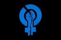 An illustration of a cracked blue feminism symbol (a raised fist surrounded by a Venus symbol)