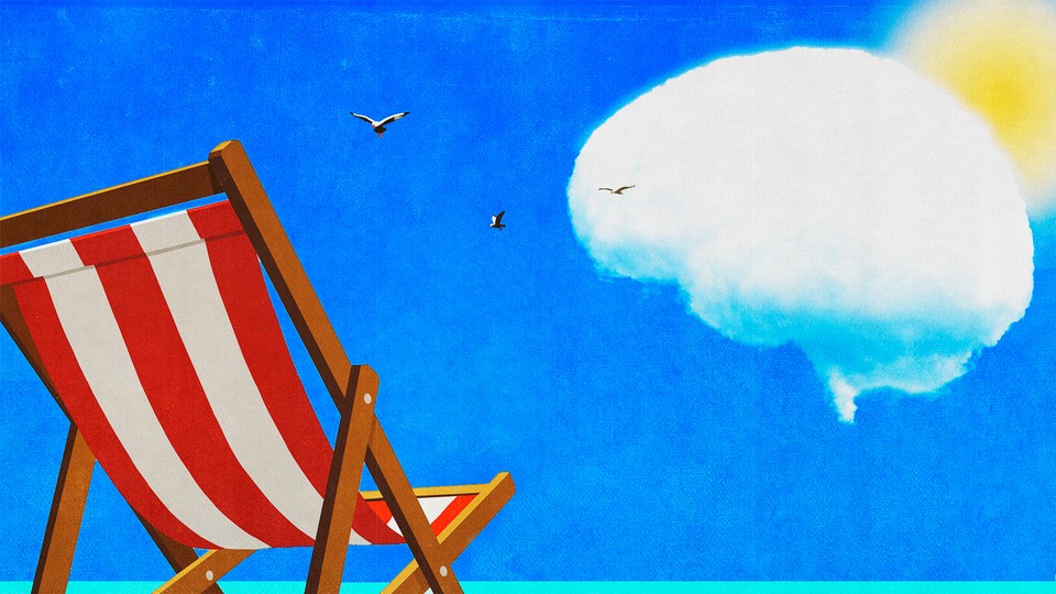 A beach chair facing the sun, which a brain-shaped cloud is about to cover