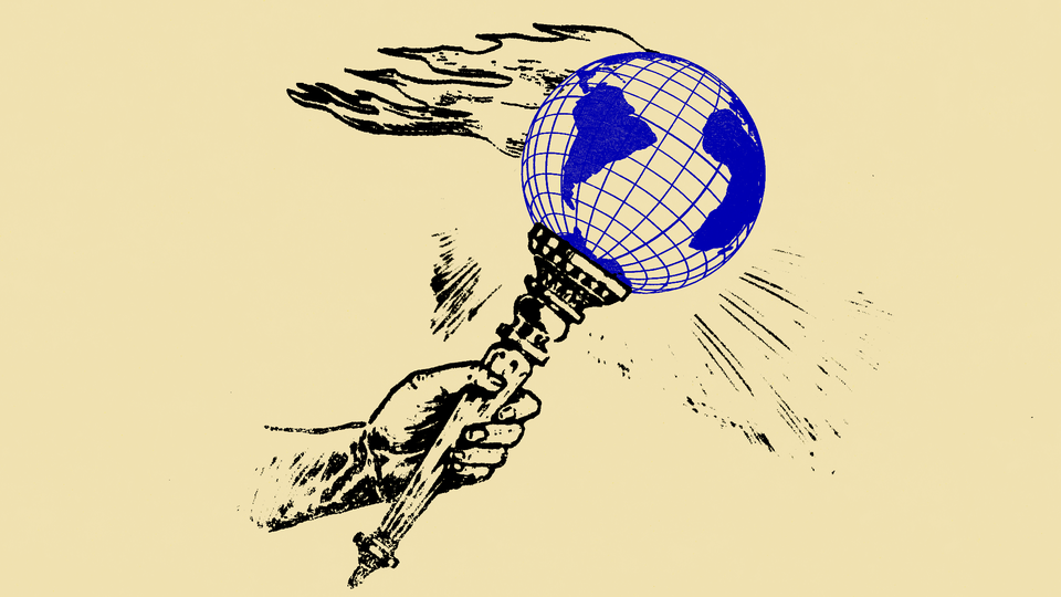 An illustration of the Olympic torch with a globe at the heart of its flame