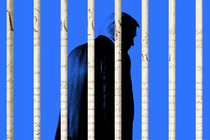 An illustration of Donald Trump behind bars that appear as the U.S. Constitution