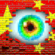 An eyeball looks through a hole in a wall painted to represent a Chinese flag.