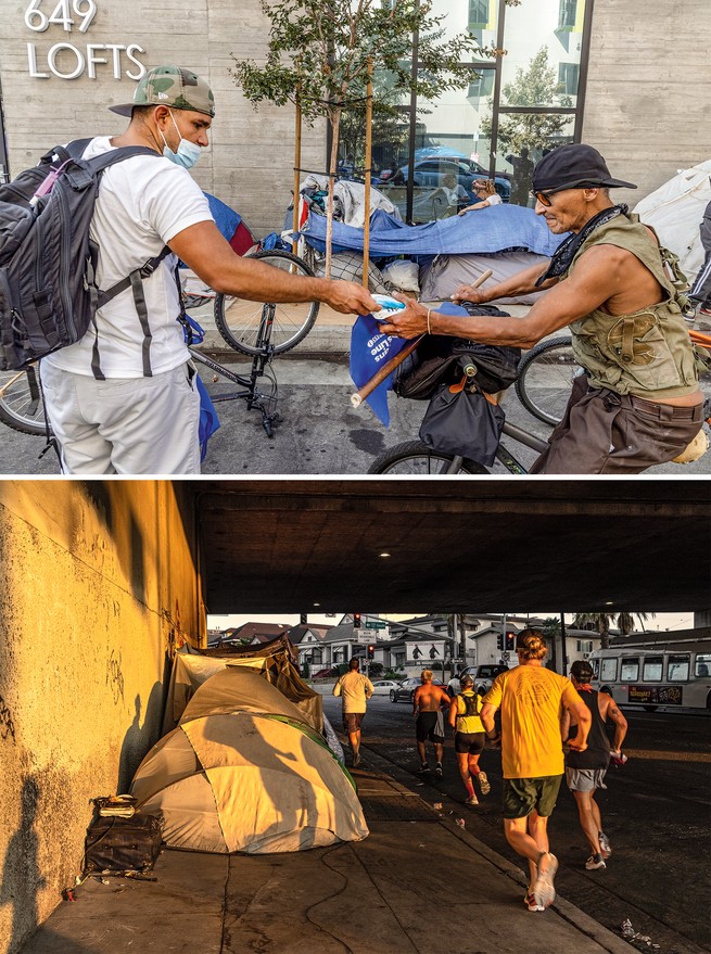 2 photos: Barrera in backward cap, backpack, and face mask hands package to man wearing vest and shorts on bike; group of people running past tents along street under a bridge in early morning light
