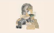 Illustration of collaged photos, maps, sheet music, and paper bits sewn together, including image of W. G. Sebald