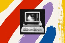 Image of a human eye on the screen of a desktop PC computer, against a multicolored-paint-stroke background