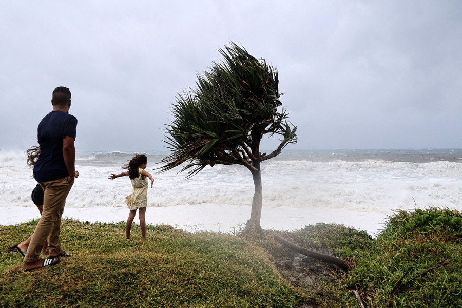 Several people stand on a windswept shore, looking out toward a churning surf.