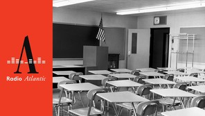 An empty classroom in black and white