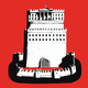 black-and-white illustration of medieval-castle fortress with crenellated wall and moat, crowned by a crenellated White House with U.S. flag flying, on red background