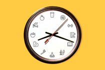 Illustration of a clock. The numbers have been replaced with icons of various habits, such as sleeping, lifting weights, and reading.