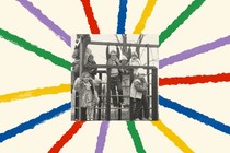 A starburst of colorful stripes including purple, yellow, green, red and blue extend out from the center where a black and white photo shows a group of children are playing on a jungle gym.