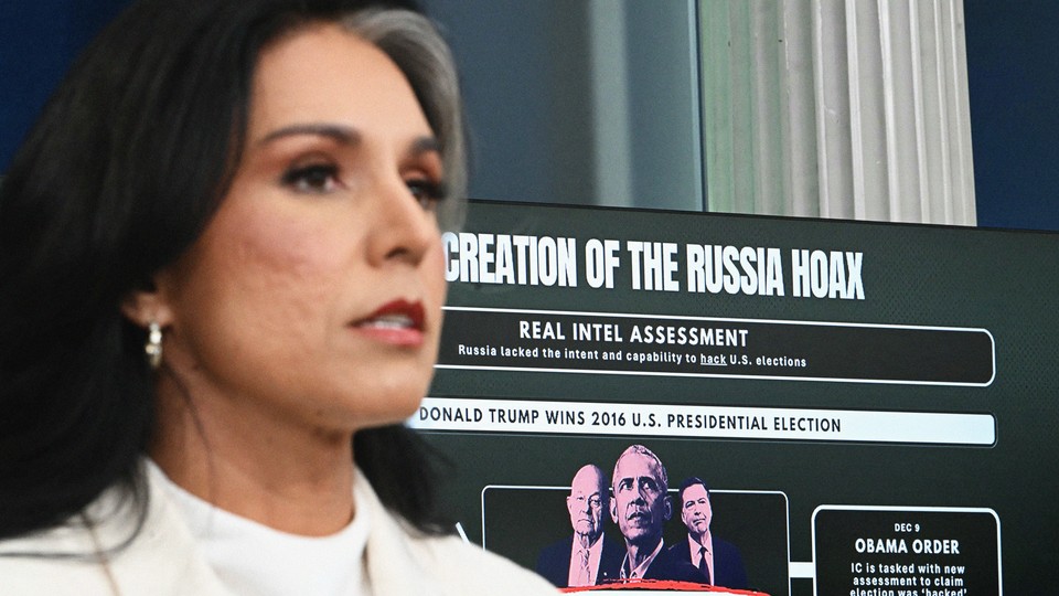 A photo of Tulsi Gabbard speaking during a press briefing.