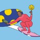 illustrated man reading and spinning ball while surfing