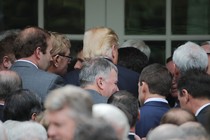 U.S. President Donald Trump departs after gathering with Congressional Republicans in the Rose Garden of the White House.