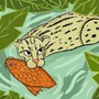 An illustration of a fishing cat holding a koi in its mouth
