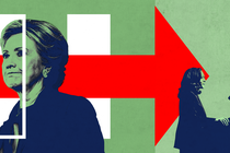 A red arrow behind Hillary Clinton points toward Kamala Harris