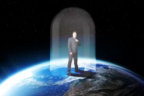 An illustration depicting Elon Musk standing on top of the Earth