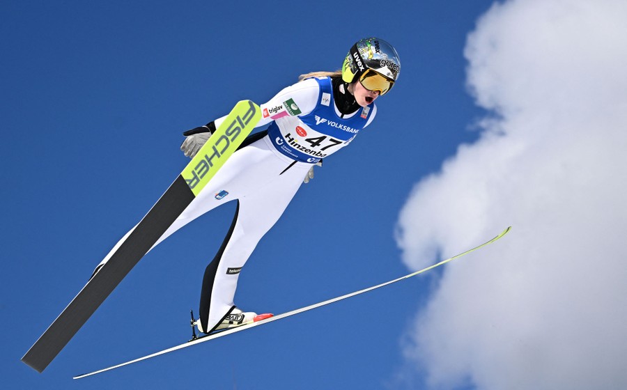 A ski jumper in mid-air