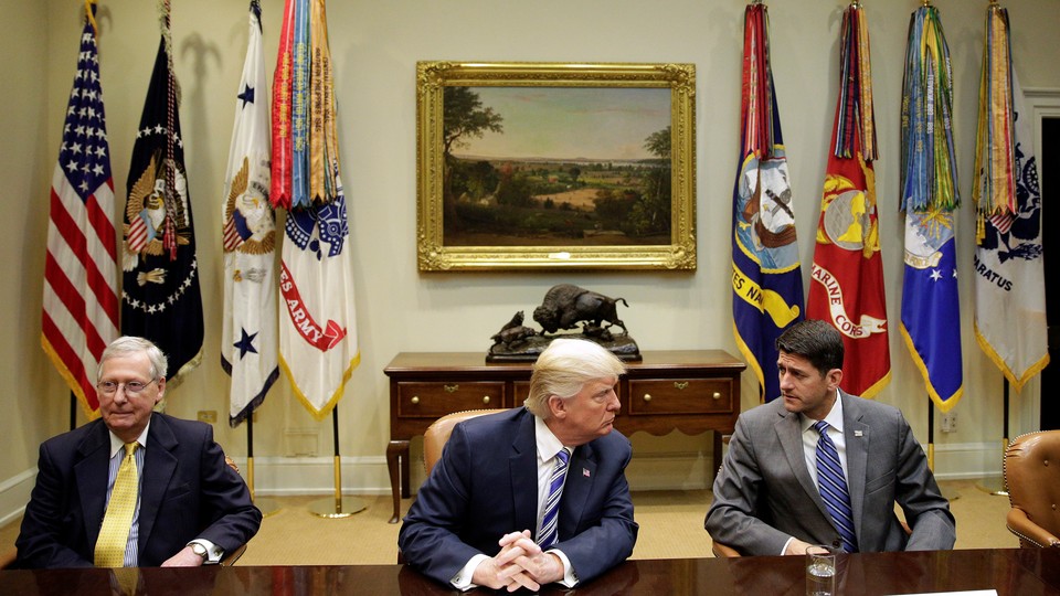 President Donald Trump meets with Senate Majority Leader Mitch McConnell and Speaker of the House Paul Ryan during a meeting with Republican Congressional leaders on June 6, 2017.