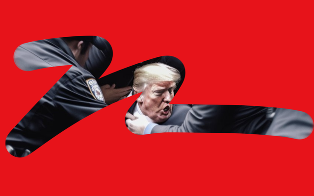A squiggly line on a red backdrop that reveals part of an AI-generated image of Trump being arrested by police